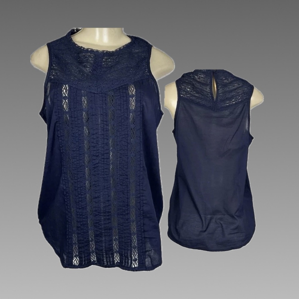 Gap M Navy Blue 100% Cotton Vertical Lace Paneling Sleeveless Blouse Semi-Sheer
